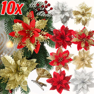 YESPERY 10Pcs Christmas Glitter Artificial Flowers Xmas Tree Decoration Flowers Home 2025 Merry Christmas Decor 14cm