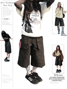 Retro Leopard Print Seven-Foot Denim Shorts Womens Casual Loose Slimming Wide Leg Mid-Pants Five-Foot Pants