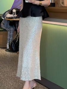 Fashionable Shiny High Waist Wrap Body Casual Knee-Length Skirt for Women Elegant Ladylike Style Commute Autumn Seasonal Wear