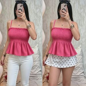 Sabrina Crops Top with Spaghetti Strap and Smocking Design Chalis Fabric Can Fit Slim Girls Womens Fashion