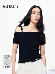MO&Co. | Oblique Shoulder Metal Buckle Xinjiang Cotton Loose T-Shirt