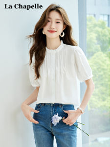 La Chapelle Fashion Wooden Edge White Shirt Womens Short Sleeve Pure Cotton Summer New Design Korean Style Commute Shirt