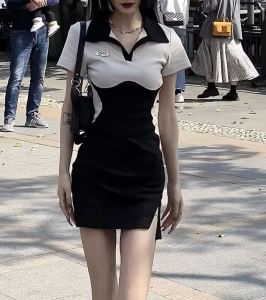 French Polo Neck Splice Color Tight Body Short Dress Womens New 2023 Hepburn Style Mini Skirt Summer Cotton Short Sleeve