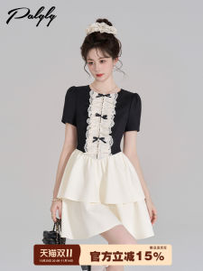 Hebe Style Lace Splicing round Neck Fake Two-Piece Dress Summer Lightweight Luxury Cake Skirt Short Sleeve High Waist Gown