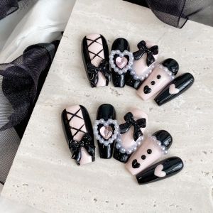 Bộ 10 Móng Tay Giả Hình Quan Tài Thủ Công Màu Đen Đẹp Đính Nơ Dành Cho Nữ Dùng Trong Tiệc Tùng Làm Bằng Nhựa Dán Liền.