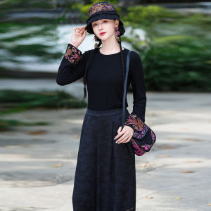 Áo Thun Cổ Tròn Dài Tay Thêu Kiểu Mới Trung Quốc Màu Tương Phản Áo Thun Cotton Dáng Ôm Cho Nữ Mùa Thu