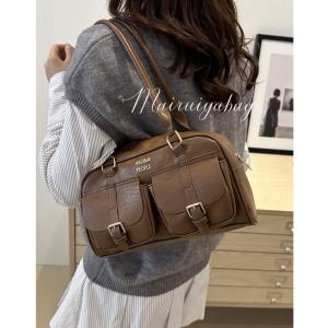 Retro Bowling Handbag Womens Large Capacity Commuter Bag Soft PU Leather Double Strap Zipper Closure Casual Shoulder Bag
