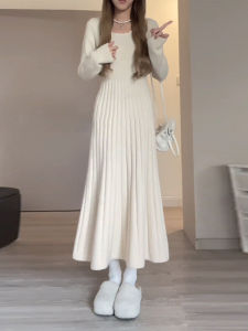 plus Size Knitted Long Sleeve Dress High Waist Vertical Stripe Square Collar Womens Spring Autumn Inner Gentle Style Sweater Dress