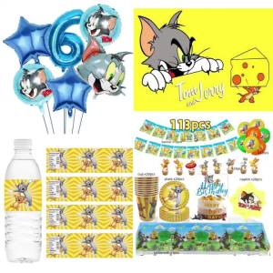 Kayou | Tom And Jerry Birthday Party Decor Tableware Set Tablecloth Cups Banners 1-9 Number Foil  Balloons Set Photo Backdrop Supplies