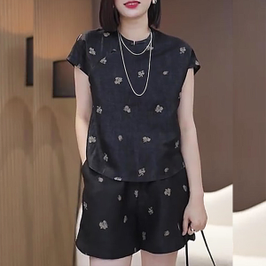 Shalldoer | Black Floral Print Short Sleeve Shirt And Shorts Two Piece Set For Women Summer 2025 Fashionable Traditional Chinese Style Outfit