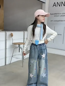2026 Kids Girls Baggy Denim Pants Straight Loose Washed Soft Denim All-Match Stylish Comfortable High Qulity Korean Street Style Trendy Outfit