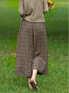 หลวม ผู้หญิง กางเกงขากว้าง สไตล์เกาหลี ฤดูใบไม้ร่วง ฤดูหนาว เอวยืดหยุ่น ขนสัตว์ ลายสก็อต กางเกงลำลอง เก้าเท้า กางเกงขายาว