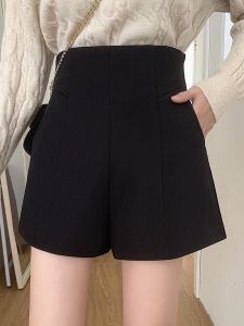 High Waist Suit Shorts Womens Black Casual A-Line Shorts Versatile Summer Pants Commute Style Zipper Pocket Detail Regular Thickness