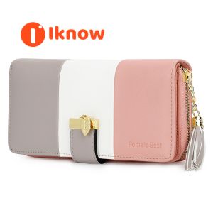 I know Color-Blocked Womens Long Wallet - Creative Leather Patchwork Large Capacity Purse