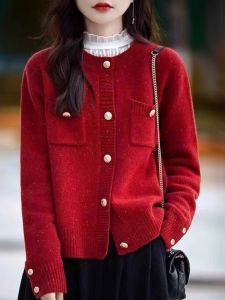 Knitted Cashmere Sweater Cardigan for Women Red Color Spring Autumn Style Single Breasted Loose Fit with Buttons for 18-24 Years Old