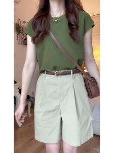 YUANYA | Retro Unique Avocado Green Loose Shoulder Short Sleeve T-shirt