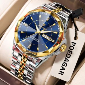 POEDAGAR Luxury Watch for Men Top Business Waterproof Luminous Date Week Stainless Steel Wristwatch