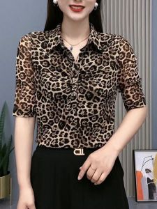 Slimming Mommy Style Fashionable Summer New Arrival Leopard Print Elastic Soft Gauze Shirt Collared Top Womens Regular Length