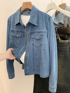 AMILUCK | Womens Denim Shirt Long Sleeve Blue Casual Vintage Layering Top Slimming Outerwear Cotton Blend Button Detail Polo Neck
