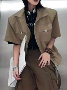 Summer Niche Style Short Sleeve Shirt Coat Mens Trendy High Street Stylish Loose Cargo Casual Zipper Shirt