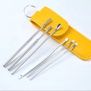Silver Ear Spoon Stainless Steel 6pcs Set Spiral ear pick earwax cleaner storage leather case