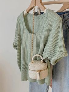 Green Ice Silk Knitted Short Sleeve T-Shirt Womens Summer Thin Design Loose Slimming Top U-Neck Shoulder Width Regular Length