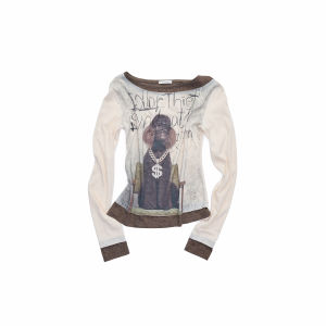 1JINN STUDIO | Off-Shoulder Fake Two-Piece Printed Fitted Long Sleeve T-Shirt