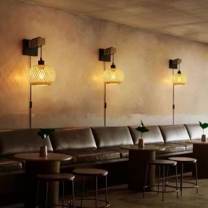 Đèn Ngủ Treo Tường Phong Cách Boho Làm Thủ Công Bằng Mây Tre Đèn Ngủ Gỗ Trang Nhã Đèn Ngủ Phòng Ngủ Tự Lập Tích Hợp Sẵn Nguồn Điện.