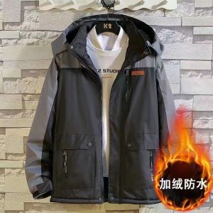 Mens Winter Thickened Fleece Lined Cotton Jacket Casual Loose Waterproof Windproof Coat Fashionable Urban Style with Hood