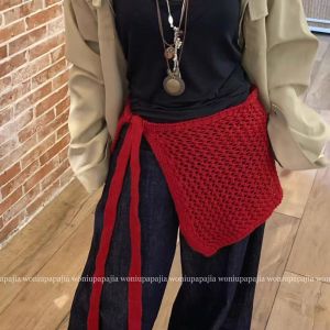 กระโปรงทรงเอผ้าถักสีแดง ทรงเข้ารูป สำหรับผู้หญิงในฤดูใบไม้ผลิและฤดูใบไม้ร่วง เอวสูง กระโปรงทรงเอผ้าถักแบบลำลอง