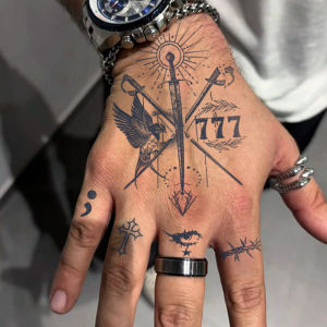 Waterproof Design Semi-Permanent Tattoos Lucky Number 777 - Sword Swallow and Peace Pattern - Dual-Use Temporary Tattoos for Men on Neck Hands and Fingers Lasts for 15 Days