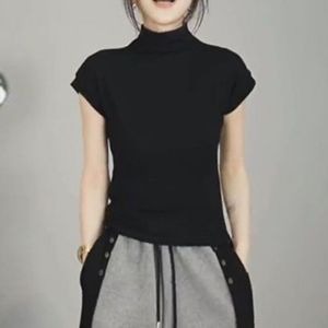 Summer 2025 Womens High Collar Short Sleeve T-Shirt Casual Sport Pants Two Piece Set Polyester Fiber round Neck Overhead Wear