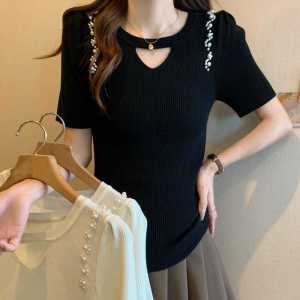 Plus Size Womens Clothing [40.00 Kg-100.00 kg] Cut Out Ice Silk Short Sleeve Womens Summer New Design Sense Beaded Fashionable T-shirt