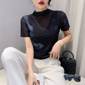 REHIN Autumn New Fashion High Neck Mesh Print Short Sleeve T-Shirt Slim Base Layer Elegant Womens Top