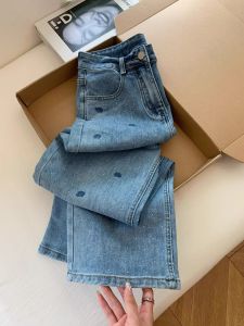 กางเกงยีนส์ทรงหลวมเอวสูงทรงตรงปักลายดอกกุหลาบ 2025 กางเกงขายาวทรงหลวมสำหรับผู้หญิง กางเกงยีนส์ทรงหลวมสำหรับผู้หญิง