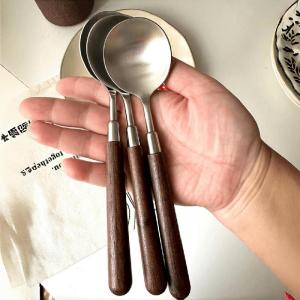 Ins Style Walnut Finish Wooden Pattern Stainless Steel Spoon