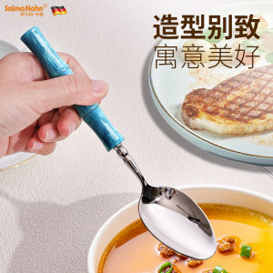 ช้อนอาหารกลางวันแบบยาวหัวกลมทำจากเหล็กไนคร์ 304 พร้อมหัวเข็มขัดไผ่ ช้อนตักซุปแบบหรูหรา ชุดเครื่องครัวสุดหรู