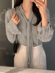 Áo Sơ Mi Nữ Dài Tay Dongdaemun V-neck Xếp Ly Thắt Eo Thanh Lịch Đi Làm Gợi Cảm Đa Năng Thường Ngày Mùa Thu Polyester