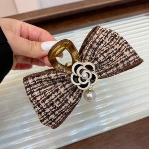 Large Size Pearl Tea Rose Butterfly Knot Hair Clip Autumn Winter Thick Hair Back of Head Diamond Shark Fin Clip Stylish Hair Accessories