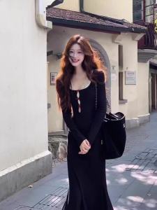 First Girl - (9227) Gaun Hitam Wanita Terbaru Gaya Perancis Slim Fit Musim Semi dan Musim Gugur Dress Panjang Wanita-G055