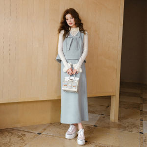French Style Elegant Two-piece Set Bow Decorated Sleeveless Vest Straight Skirt