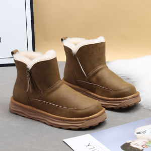 Mens Winter Thickened Warm Leather Snow Boots Side Zipper Fur Integrated Waterproof Cotton Shoes Casual Short Tube Boots