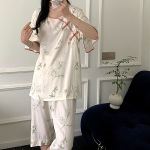 Bộ Đồ Ngủ Cotton Lụa Tay Ngắn Cho Nữ Phong Cách Mùa Hè Bộ Đồ Ngủ Dịch Vụ Tại Nhà Với Vật Có Hoa In Cao Su Quần