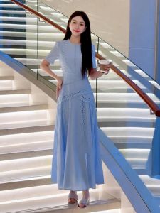 SHANGSHA | Autumn French Style Luxury Blue Lace Hollow Dress
