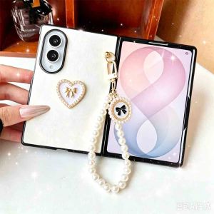 Designed for Galaxy z fold 8 ultra 8/7/6/5 Case with Strap Cute Bowknot Heart Design Detachable Pearl Hand Chain Lanyard Slim Shockproof Hard PC Leather Cover for Girls Women White