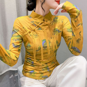 Long Sleeve Retro Mesh Base Shirt Womens Autumn New Style Stand Collar Button up Trendy Top Floral Print Slim Fit T-Shirt