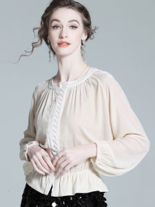 Silk Velvet Shirt Womens Autumn Winter New Style Lightweight Luxury Lady French Waist Cinching Shirt Small Size Mulberry Silk Shirt