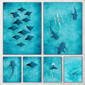 1000PCS Jigsaw Puzzle Blue Watercolor Ocean Whale Shark And Manta Rays Sea Beach For Adults Room Home Decor Family Fun Gift