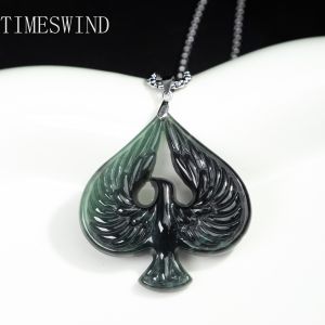 TIMESWIDD Authentic A-Type Jade Natural Spade-shaped Eagle Pendant Men Titanium Steel Necklace Fashion Jewelry with Certificate