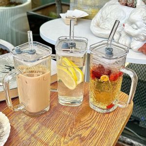 250ML transparent ins with handle glass cup stylish womens summer juice drink cup  striped with lid straw cup